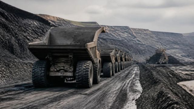 Row of coal haul trucks on a dirt road in an open-cast mine, receding between dark terraced benches.