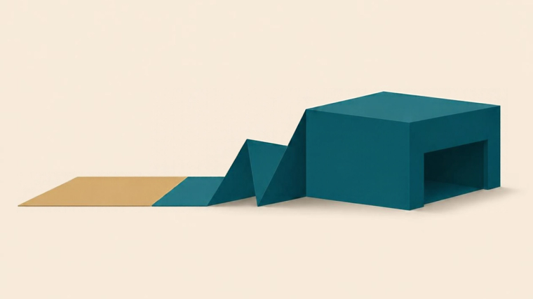 A flat muted-gold sheet on the left folds upward along sharp creases and becomes a solid deep-teal warehouse with a wide loading opening on the right, depicting a trade agreement turning from tariff concessions into physical trade infrastructure.