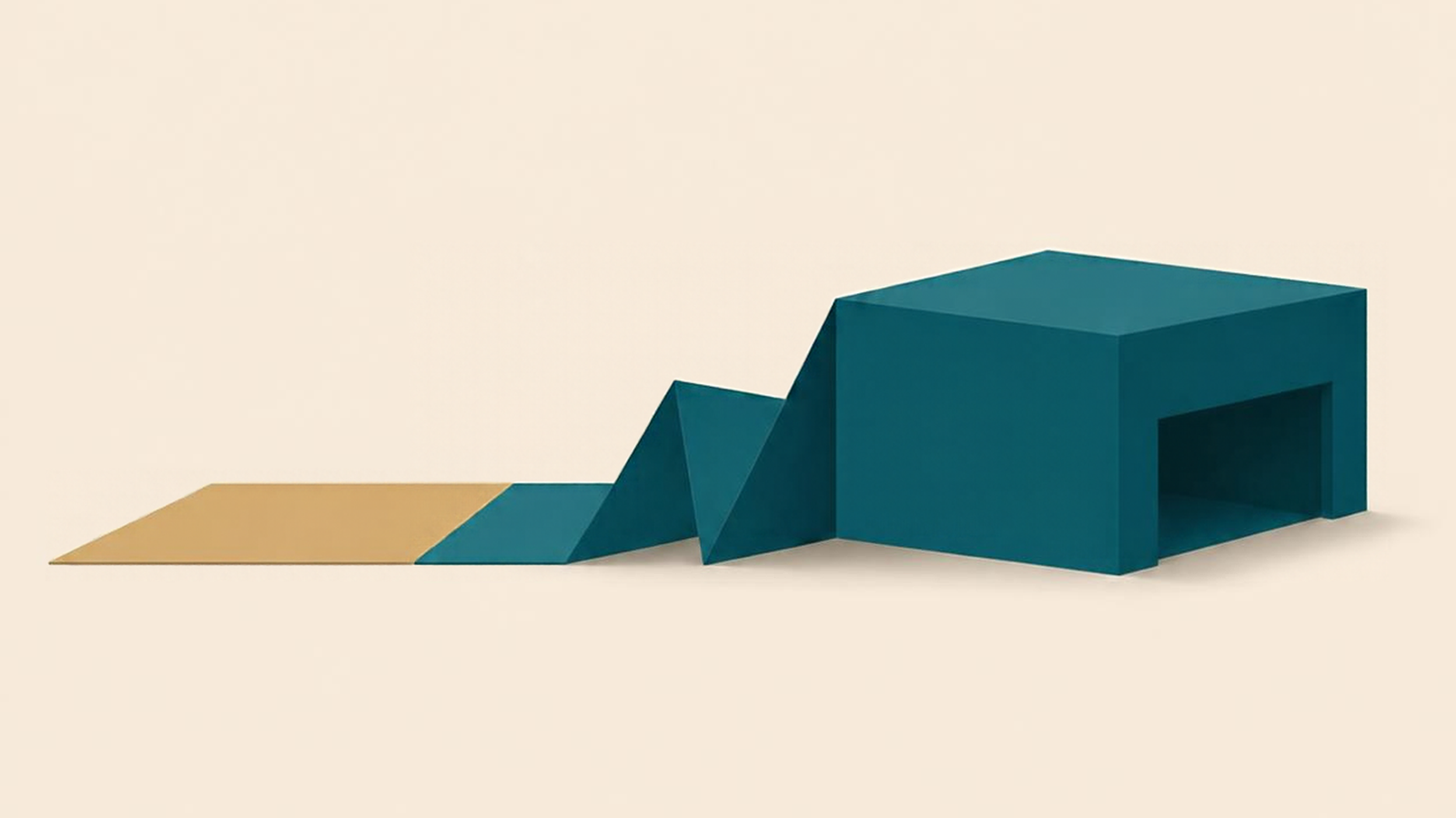 A flat muted-gold sheet on the left folds upward along sharp creases and becomes a solid deep-teal warehouse with a wide loading opening on the right, depicting a trade agreement turning from tariff concessions into physical trade infrastructure.