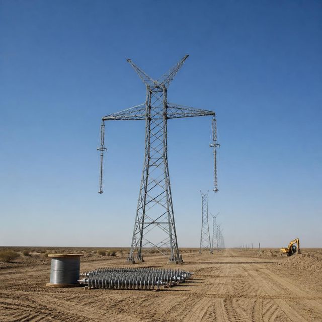 Half-built steel transmission towers marching across a dry desert plain toward the horizon, with insulators and conductor drums.