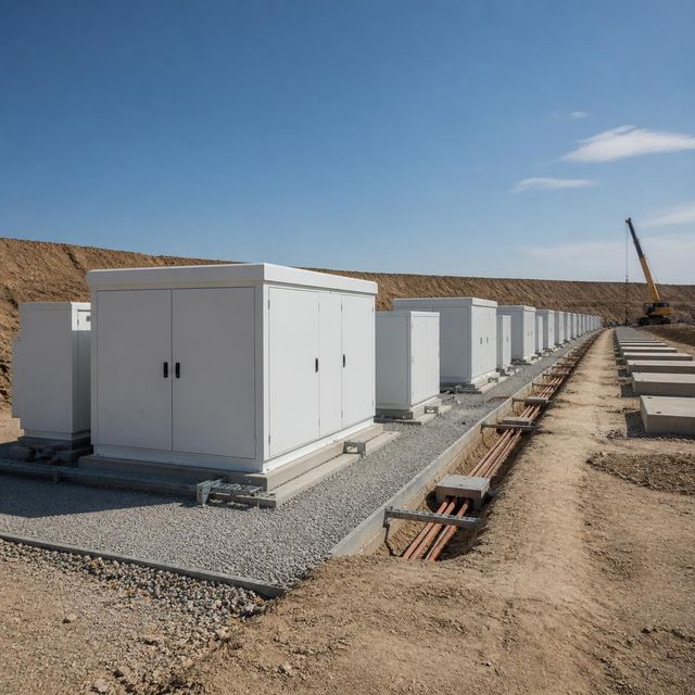 Row of containerised battery units on a gravel pad under construction, with open cable trenches receding into the distance.