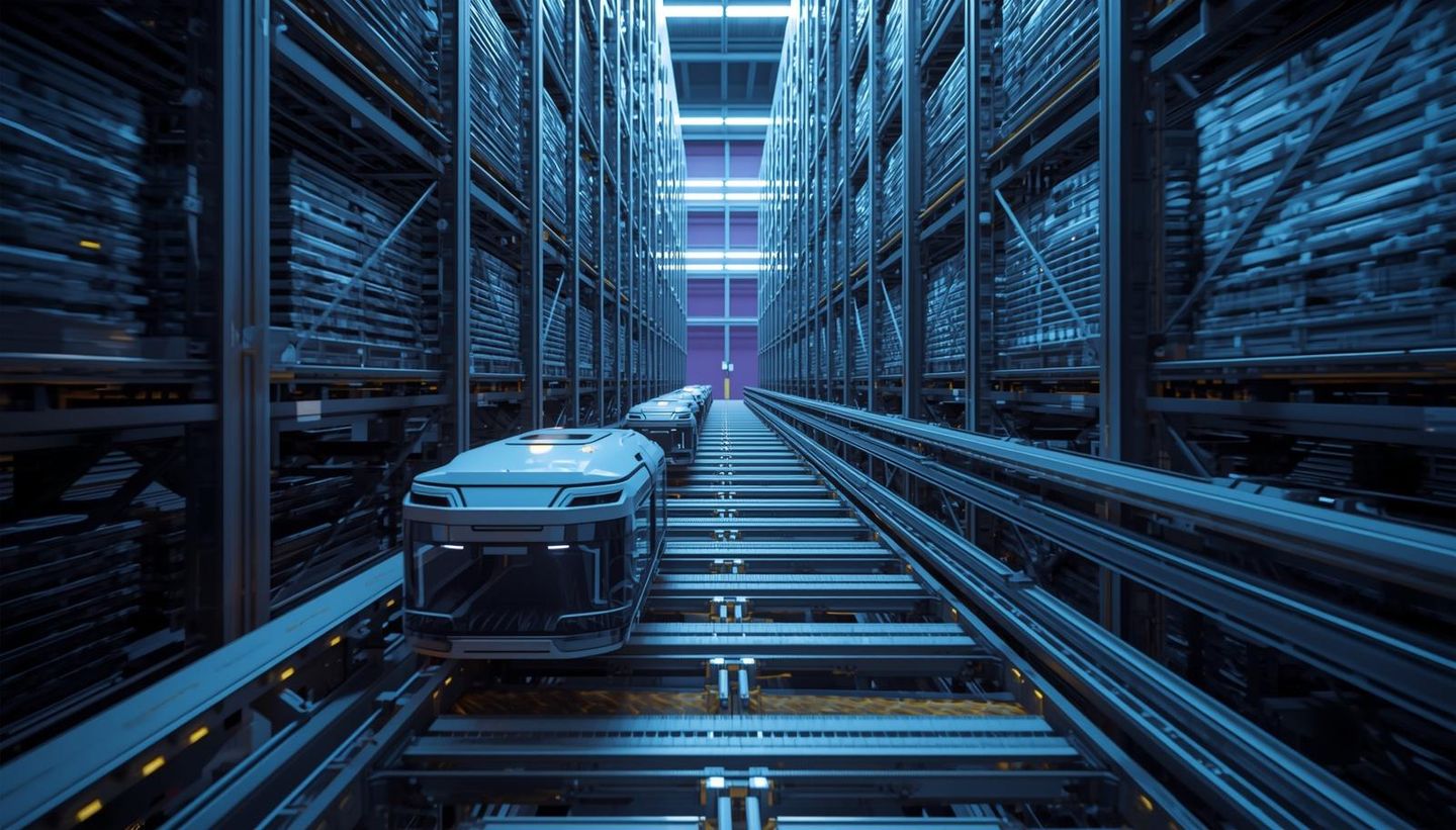 Inside a highly advanced, automated warehouse. Sleek, robotic shuttles carry bins along illuminated rails through massive, densely packed vertical storage racks, showcasing precision automation, high-density storage, and minimal human intervention.