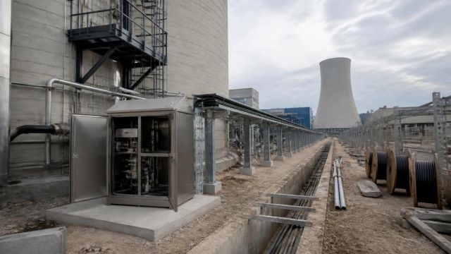 Open emission monitoring cabinet at a chimney base with a cable tray run stretching toward a distant cooling tower.