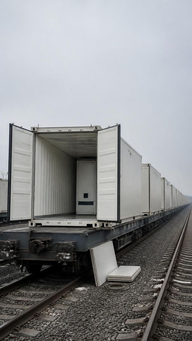 Open reefer container with cooling unit on a rail wagon, line of container wagons receding down the track.