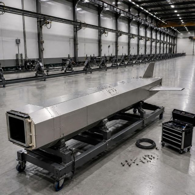 Unfinished guided glide weapon airframe on a steel cradle in an assembly hall, empty cradles receding behind it.