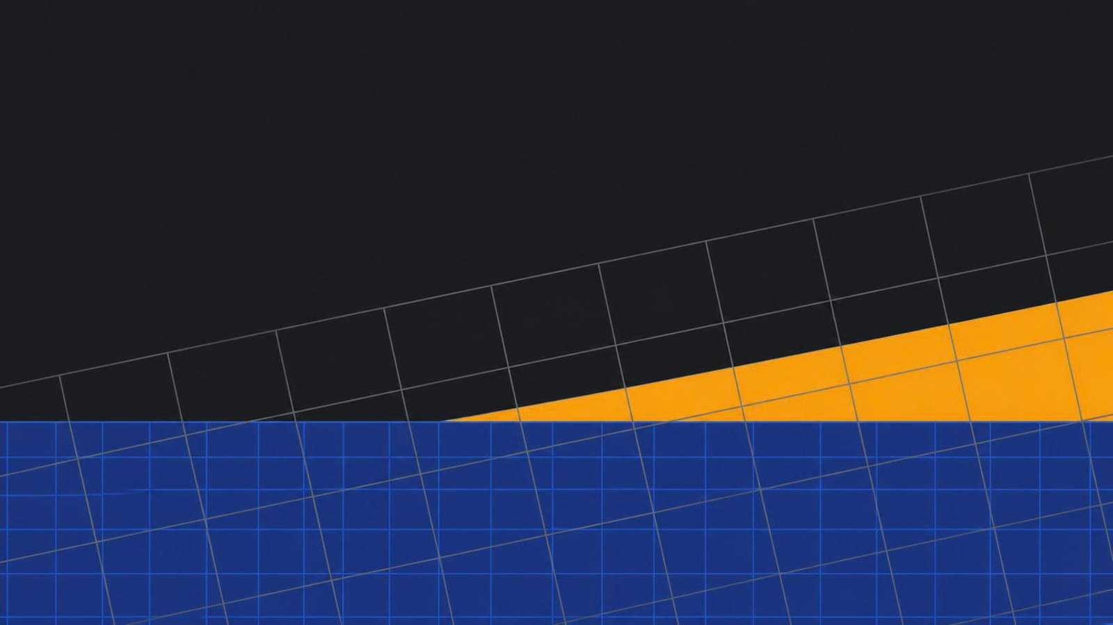 A precise cobalt blue grid filling the lower frame with a thinner mismatched grey grid laid over it at an angle, the widening gap between the two filled by a solid amber wedge, depicting the premium emerging market operators pay when infrastructure risk is priced by models built for another region's weather and supply chains.