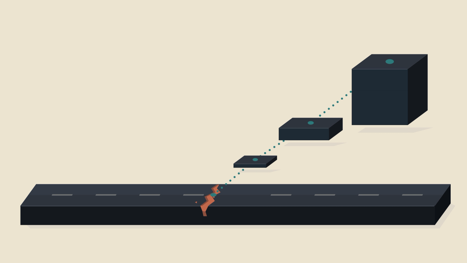 Illustration of a stretch of highway with a crack in its surface, linked by a dotted line to three progressively larger dark blocks that represent growing consequences.
