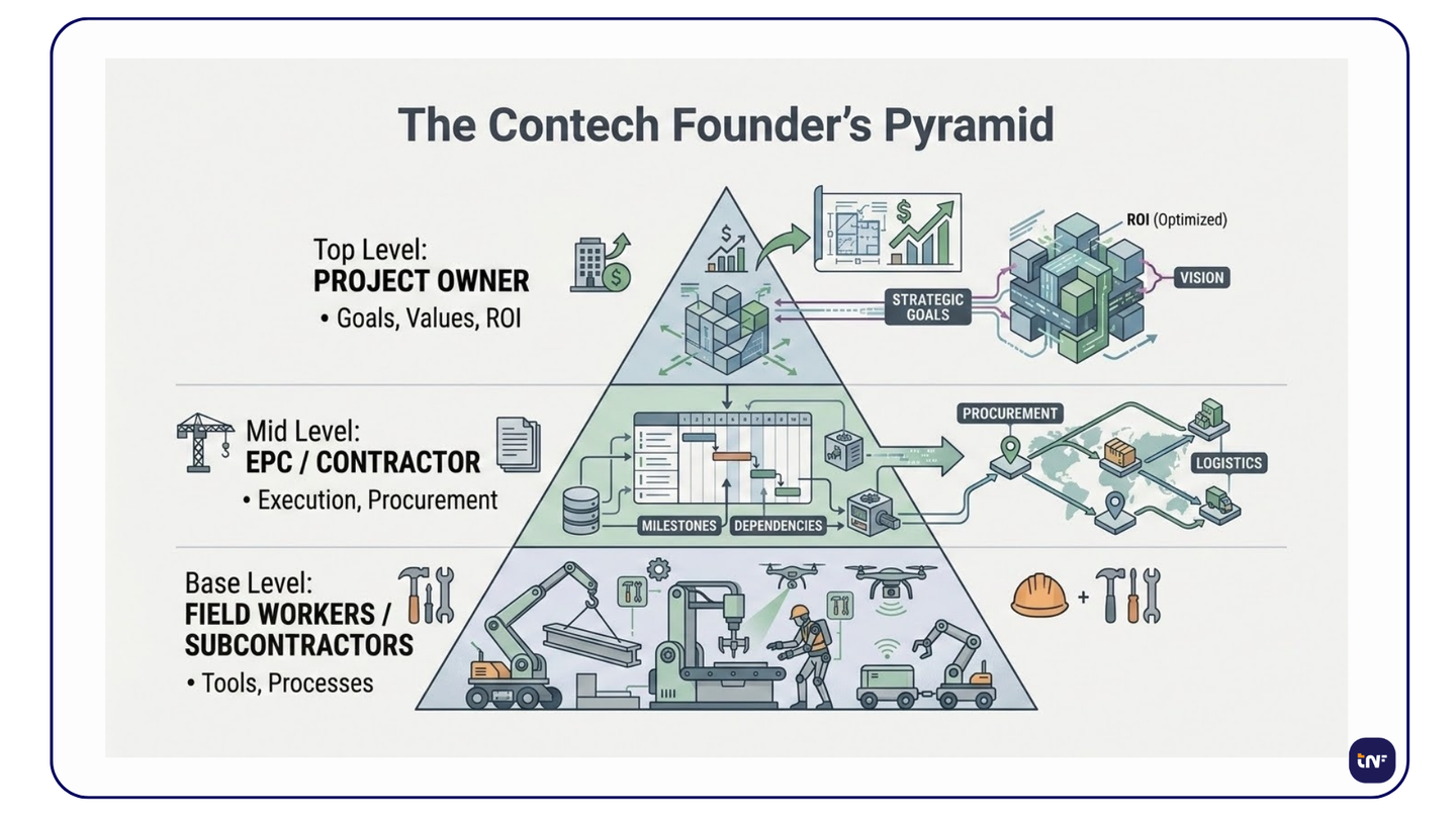 The Contech Founder's Pyramid infographic showing three stakeholder tiers: Project Owners focusing on ROI, EPCs on execution, and Subcontractors on field processes.