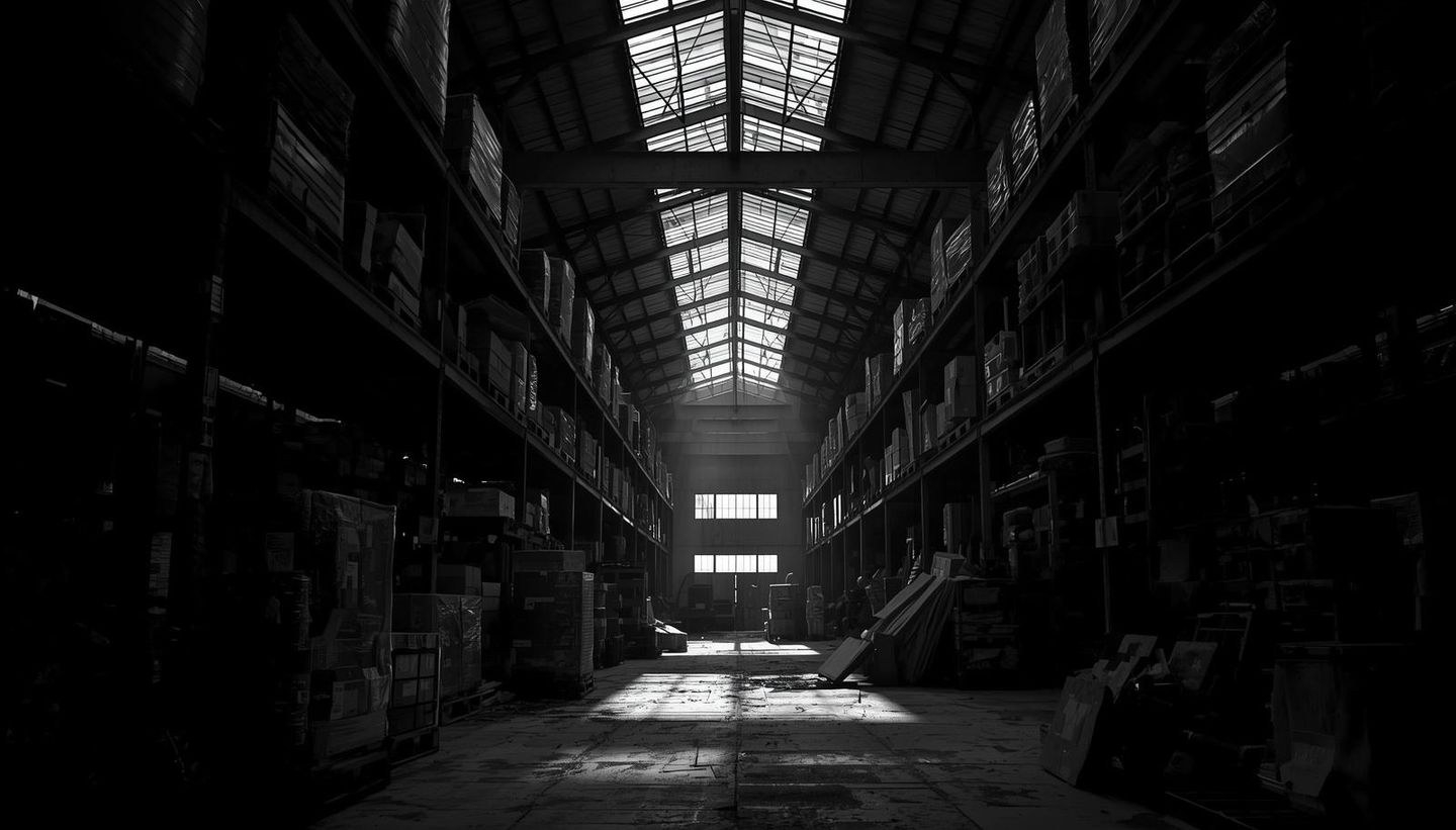 A dark, moody interior shot of a traditional, legacy warehouse. Wooden pallets and disorganized boxes are stacked along the sides in the shadows, with a single beam of light shining from the ceiling onto an empty, dusty concrete floor, highlighting the lack of automation and spatial optimization