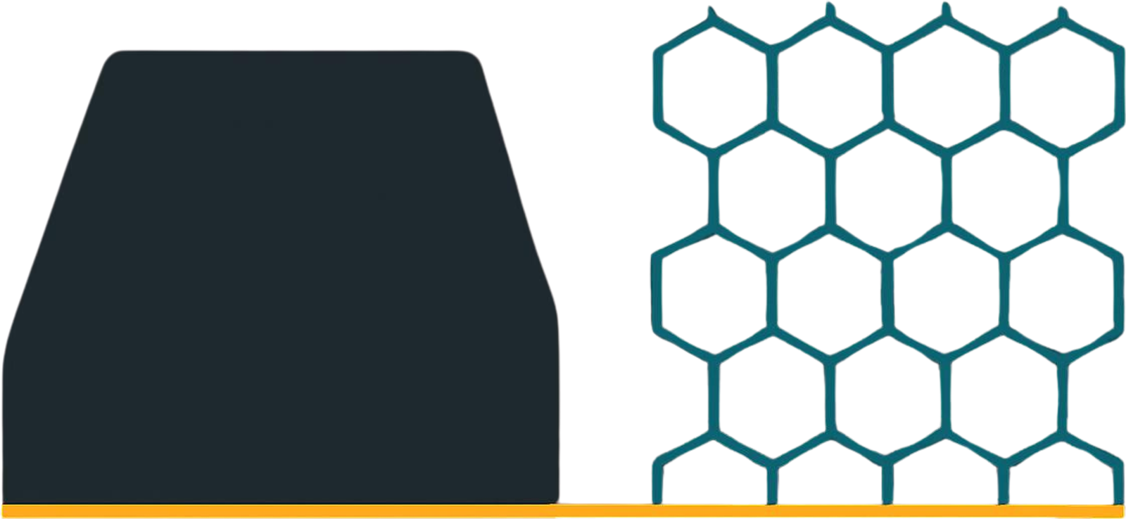 A heavy dark block sits beside an open teal hexagonal lattice of equal size, both on a single gold baseline.