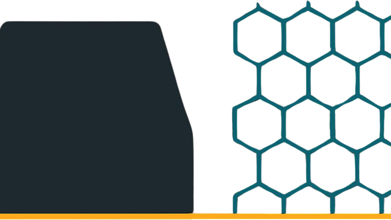 A heavy dark block sits beside an open teal hexagonal lattice of equal size, both on a single gold baseline.