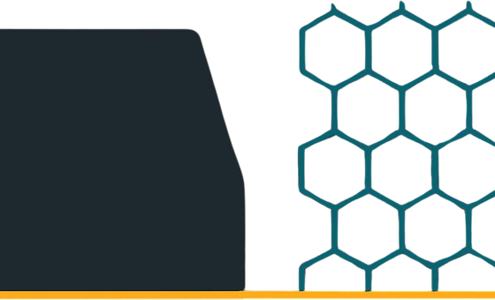 A heavy dark block sits beside an open teal hexagonal lattice of equal size, both on a single gold baseline.