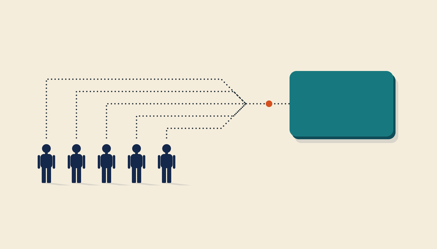 Illustration of five figures whose dotted lines converge into a single teal box