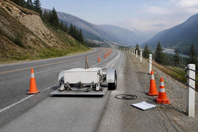 Pavement survey trailer with cones on a mountain highway, crash barriers curving away into valley haze.