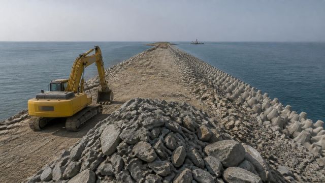 Unfinished rock breakwater with an empty excavator and armour stones stretching out to sea toward the horizon.