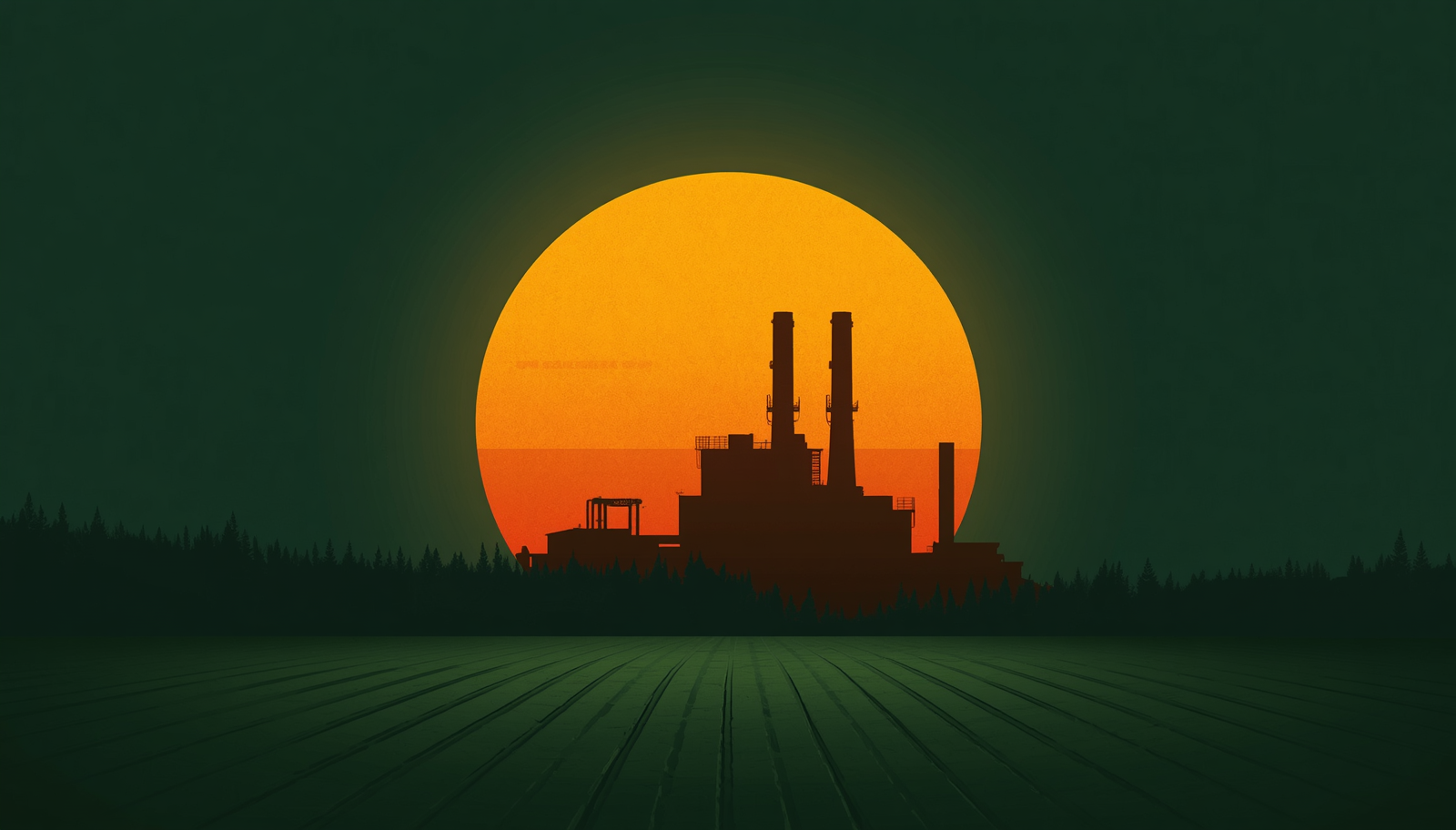 Silhouette of a bioenergy power plant against a large orange sun and a dark green forest, representing India's renewable energy infrastructure.