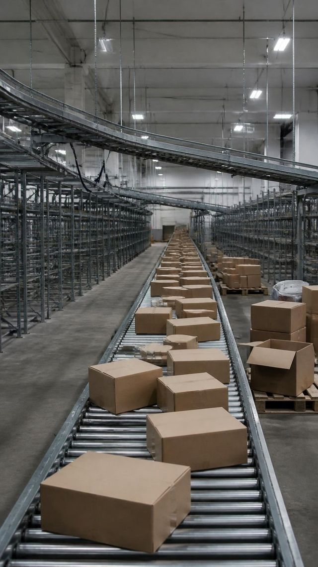 Warehouse conveyor belt piled with plain cardboard parcels leading to rows of shelving racks receding into the distance.