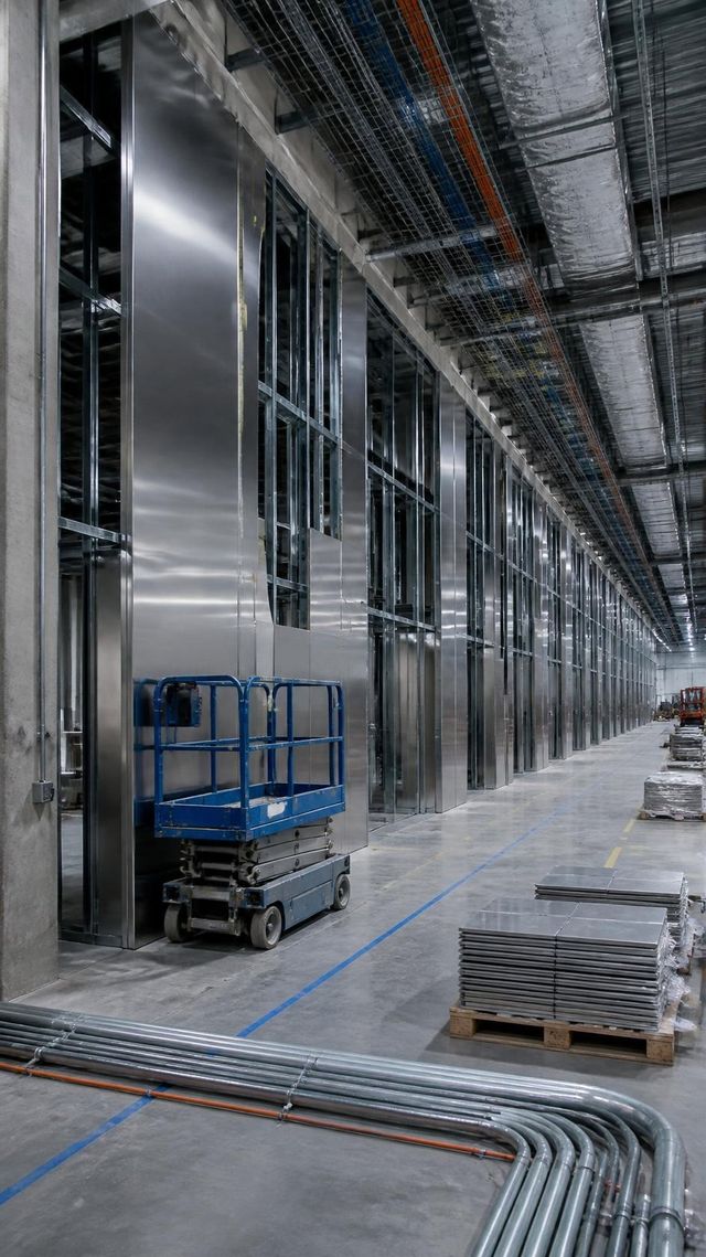 Cleanroom wall panels part fitted in a fab under construction, identical bays receding behind.