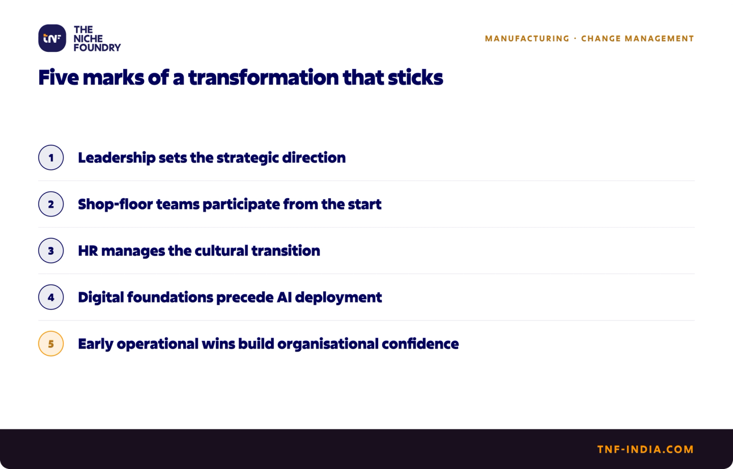 Five marks of a transformation that sticks: leadership sets the strategic direction; shop-floor teams participate from the start; HR manages the cultural transition; digital foundations precede AI deployment; early operational wins build organisational confidence.