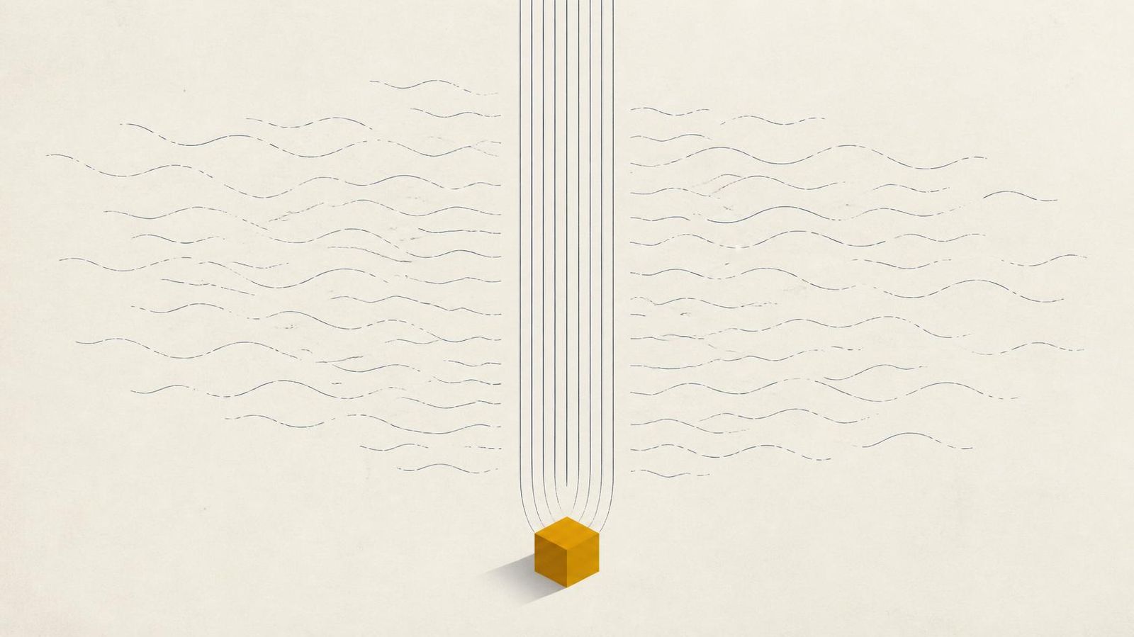 Minimalist vector illustration of thin, broken slate-blue wavy lines drifting across an off-white frame, representing intermittent renewable energy. Above a single solid amber cube at the centre-bottom, the lines turn straight and continuous — depicting firm, dispatchable baseload power stabilising a volatile grid.