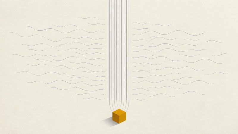 Minimalist vector illustration of thin, broken slate-blue wavy lines drifting across an off-white frame, representing intermittent renewable energy. Above a single solid amber cube at the centre-bottom, the lines turn straight and continuous — depicting firm, dispatchable baseload power stabilising a volatile grid.