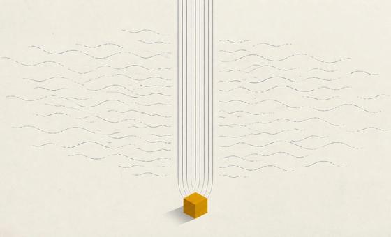 Minimalist vector illustration of thin, broken slate-blue wavy lines drifting across an off-white frame, representing intermittent renewable energy. Above a single solid amber cube at the centre-bottom, the lines turn straight and continuous — depicting firm, dispatchable baseload power stabilising a volatile grid.