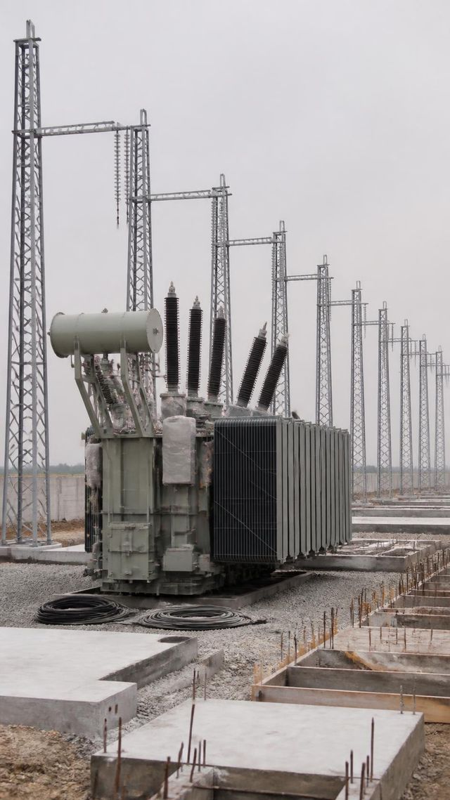 Large unfinished power transformer in a switchyard with a receding row of steel support structures.