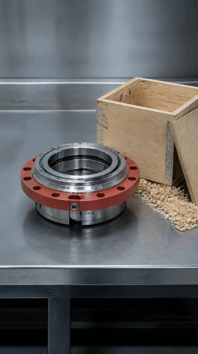 A heavy cast steel turbine casing split along its centre line and opened on a workshop floor, both halves facing upward with instrumentation leads taped along the lower one.