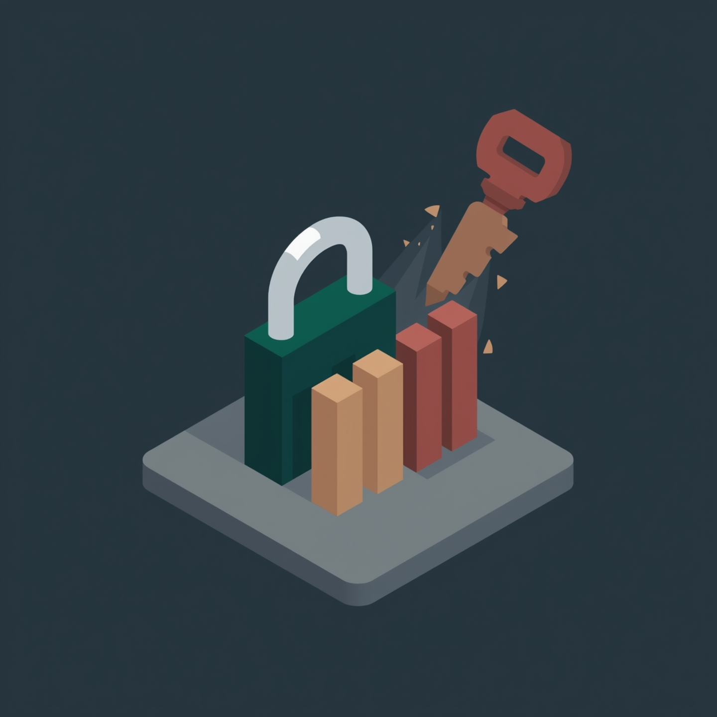 An abstract minimalist illustration on a dark obsidian background showing a steel-grey square plot of land locked beneath a heavy terracotta padlock. A massive forest-green key physically shatters the lock, allowing perfectly ordered sand-colored building blocks to instantly rise from the unlocked land.