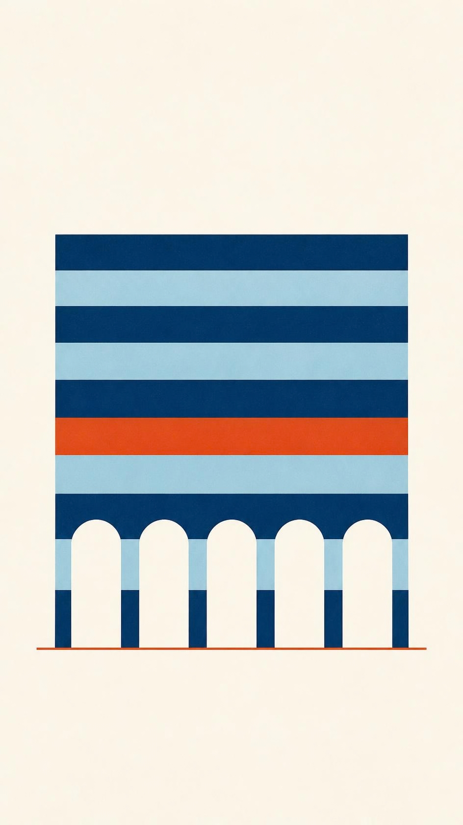 Five linked arches standing side by side like a viaduct, banded in deep marine and harbour blue with one orange band, drawn as a flat illustration.