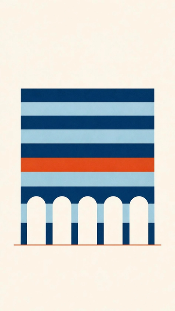 Five linked arches standing side by side like a viaduct, banded in deep marine and harbour blue with one orange band, drawn as a flat illustration.
