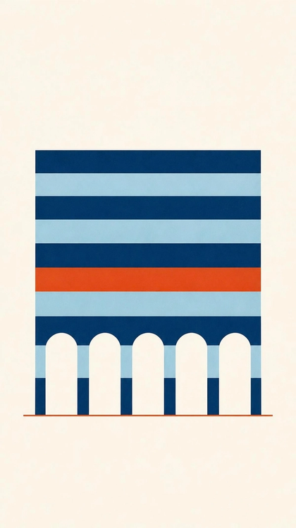 Five linked arches standing side by side like a viaduct, banded in deep marine and harbour blue with one orange band, drawn as a flat illustration.