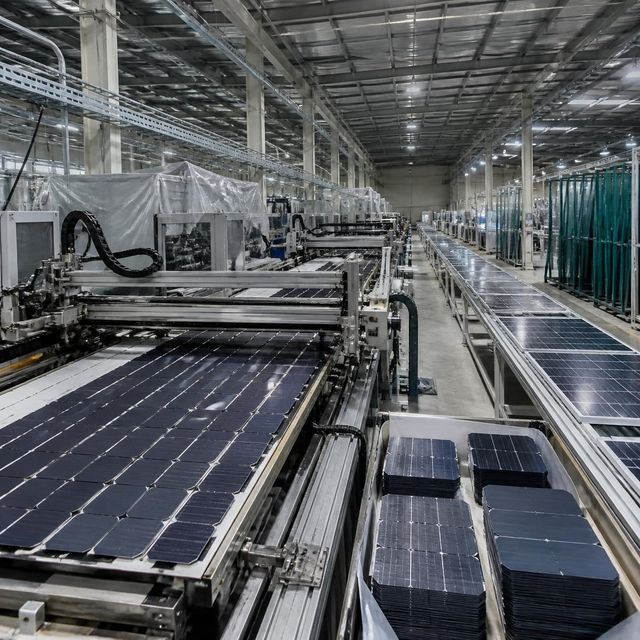 Solar module assembly line in an unfinished factory hall, with cell strings on the machine bed and rows of trusses receding.
