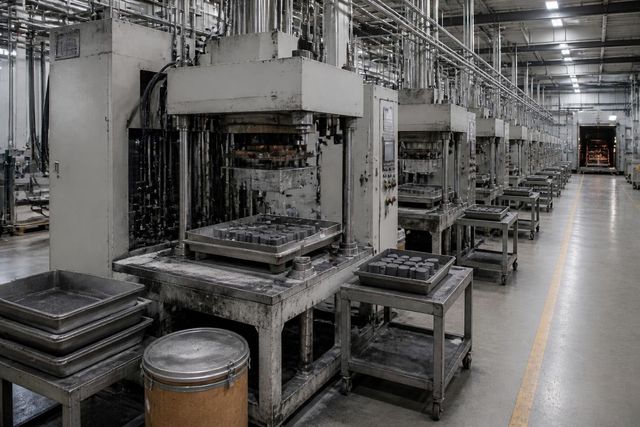 An open press tool with magnet blanks on the bed, a line of presses and a furnace behind.