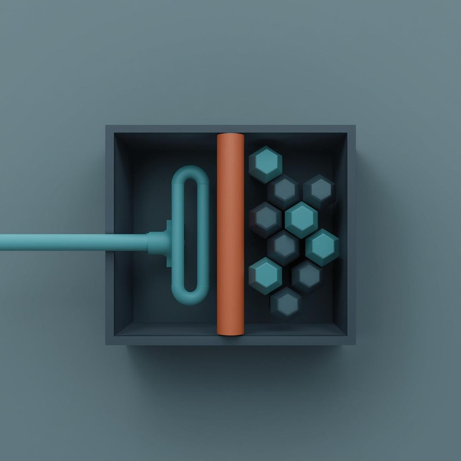 A minimalist vector illustration on a light ash-grey background showing a steel-grey industrial chamber. A stream of teal blocks representing water enters from the left, is cleanly split by a solid terracotta vertical line representing electrical current, and exits on the right as perfectly structured teal hexagons representing pure hydrogen.