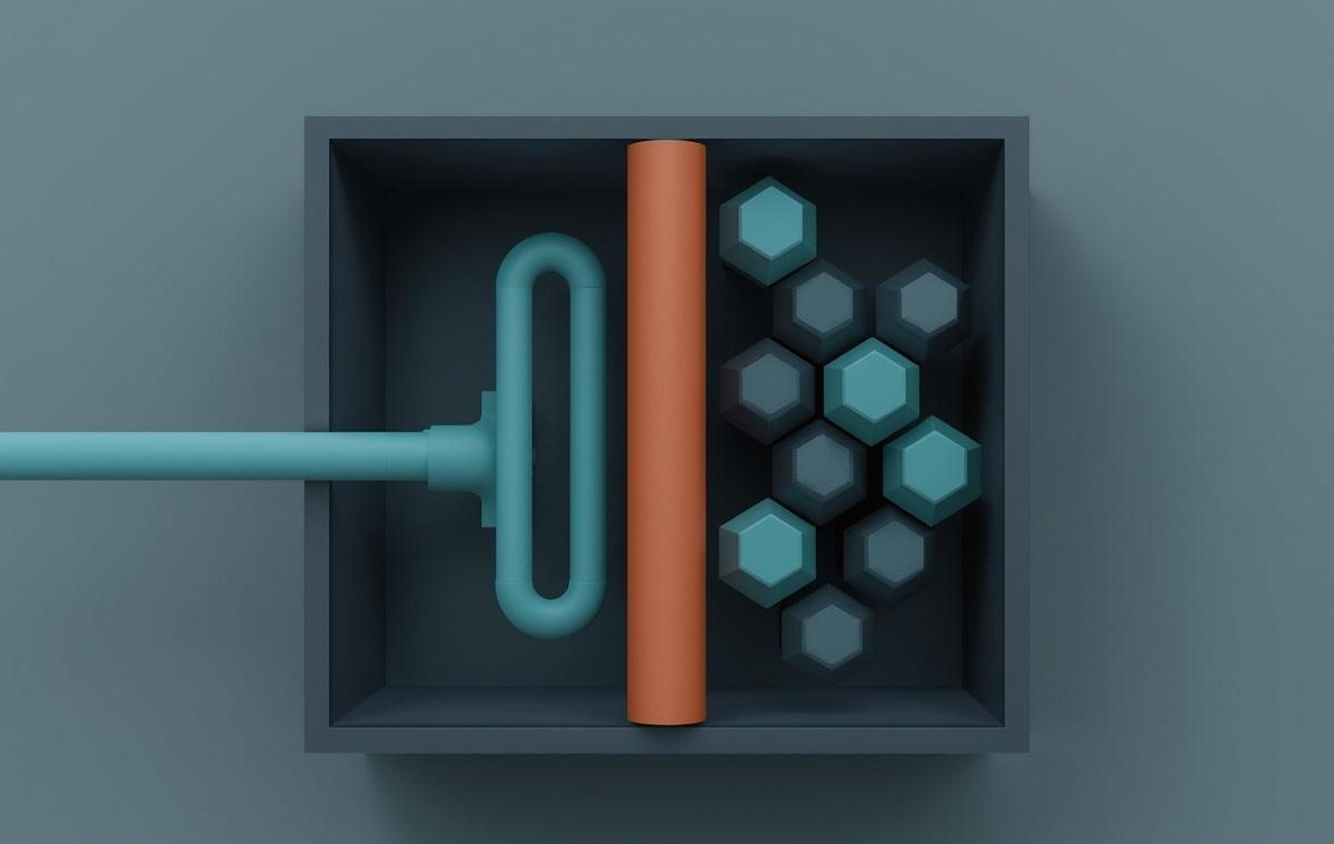 A minimalist vector illustration on a light ash-grey background showing a steel-grey industrial chamber. A stream of teal blocks representing water enters from the left, is cleanly split by a solid terracotta vertical line representing electrical current, and exits on the right as perfectly structured teal hexagons representing pure hydrogen.