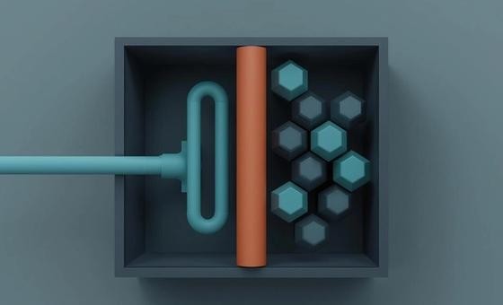 A minimalist vector illustration on a light ash-grey background showing a steel-grey industrial chamber. A stream of teal blocks representing water enters from the left, is cleanly split by a solid terracotta vertical line representing electrical current, and exits on the right as perfectly structured teal hexagons representing pure hydrogen.