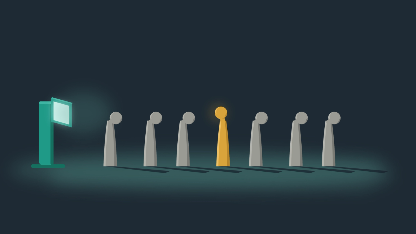 Illustration of a row of grey figures with bowed heads beside a glowing screen, while a single gold figure stands upright and faces it.