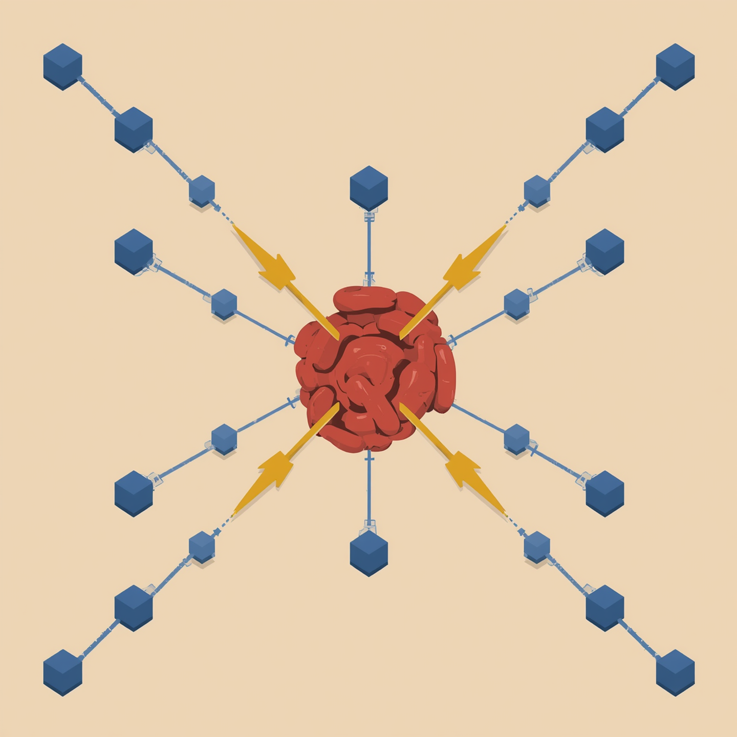 An illustration of a geometric network of perfectly square cobalt nodes, where the central node is heavily swollen, distorted, and colored in solid crimson, being bombarded by thick mustard arrows
