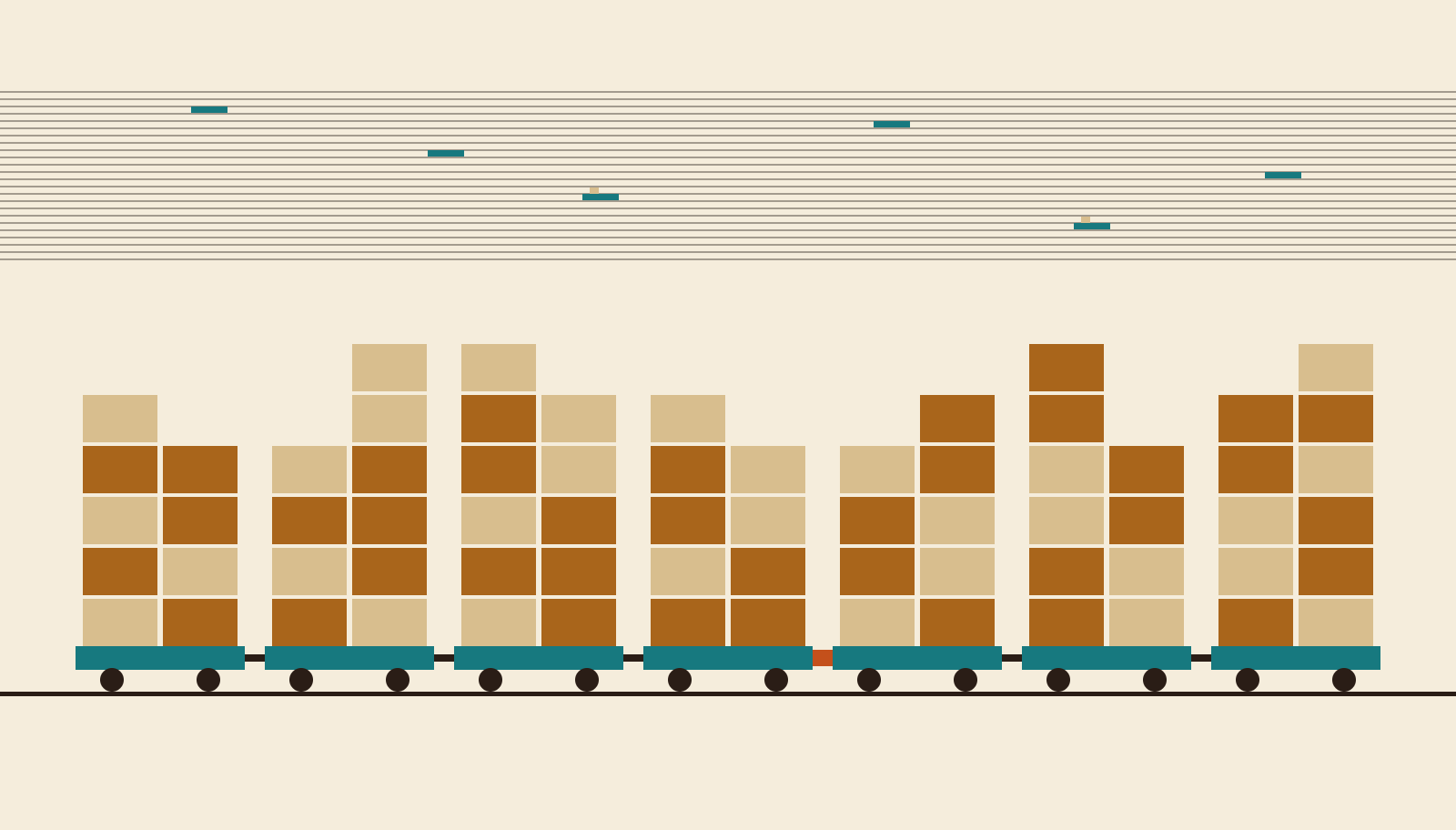 Illustration of a freight train with tall stacks of loaded wagons running along a thin track beneath a striped sky