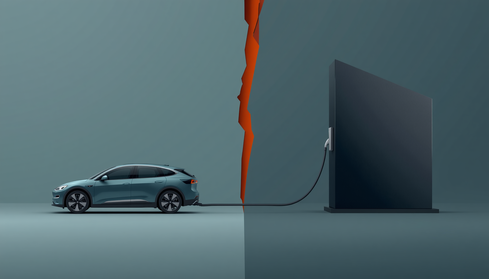 A minimalist illustration on a light ash background showing a teal geometric car shape connected to a dark obsidian charging monolith by a thick grey cable that is sharply severed in the centre.