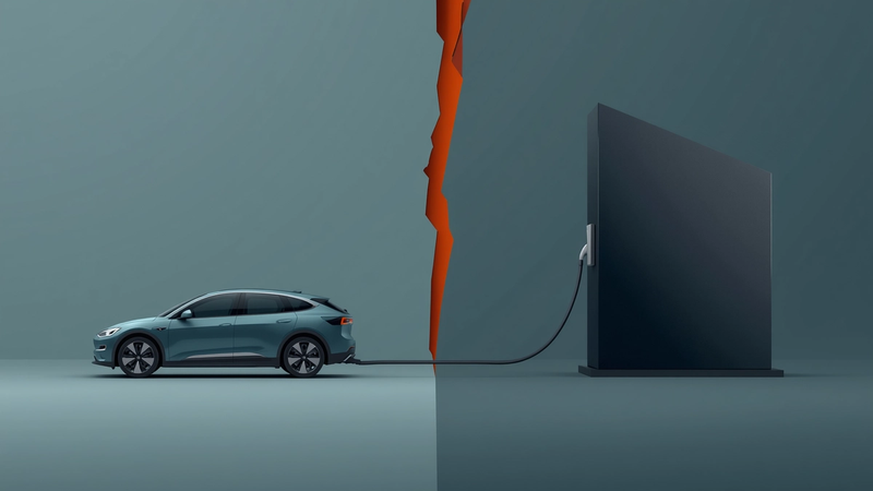 A minimalist illustration on a light ash background showing a teal geometric car shape connected to a dark obsidian charging monolith by a thick grey cable that is sharply severed in the centre.