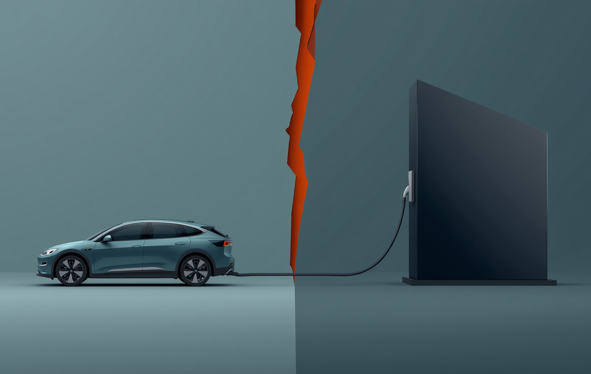 A minimalist illustration on a light ash background showing a teal geometric car shape connected to a dark obsidian charging monolith by a thick grey cable that is sharply severed in the centre.