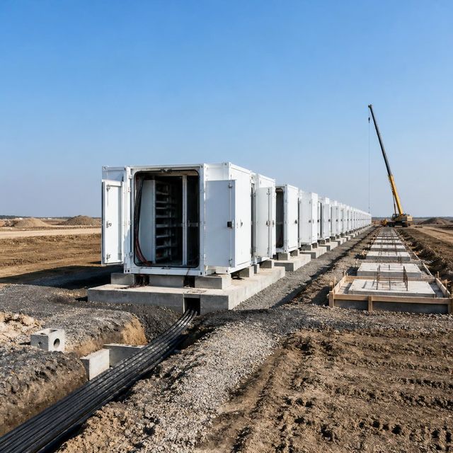 Row of battery storage containers on an unfinished construction site, receding into the distance with open trenches.