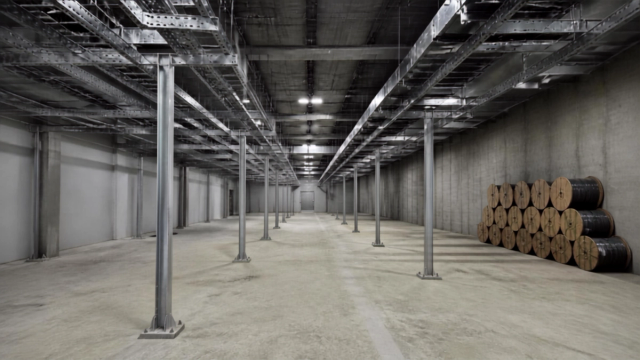 An unfinished data hall with empty overhead cable containment, bare concrete floor and cable drums stacked against the far wall.
