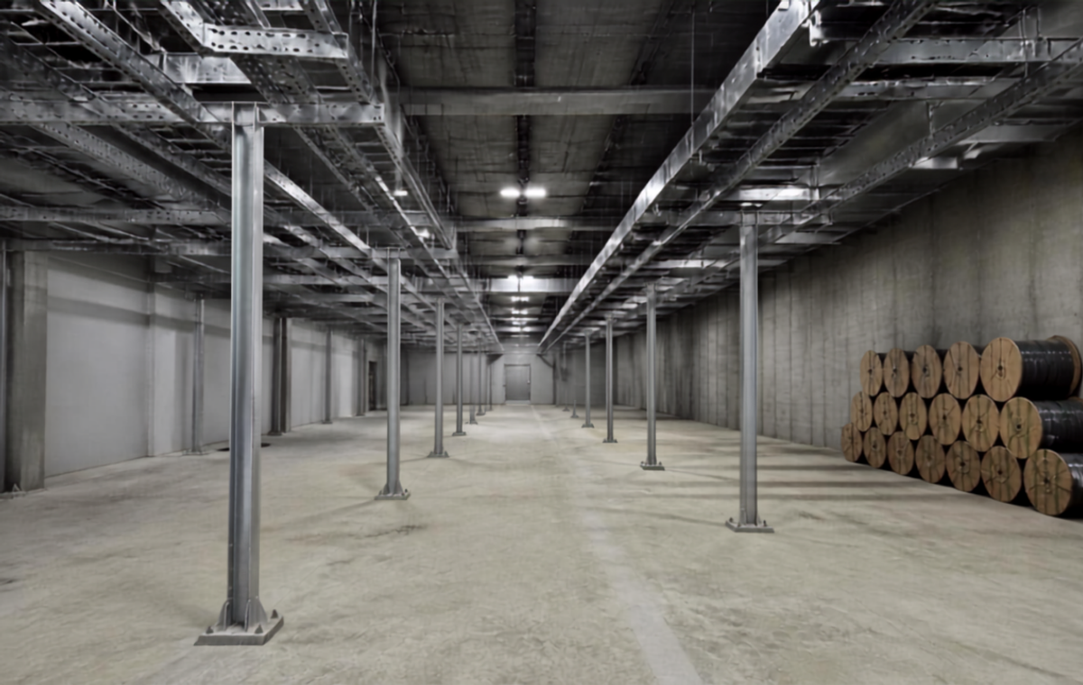 An unfinished data hall with empty overhead cable containment, bare concrete floor and cable drums stacked against the far wall.