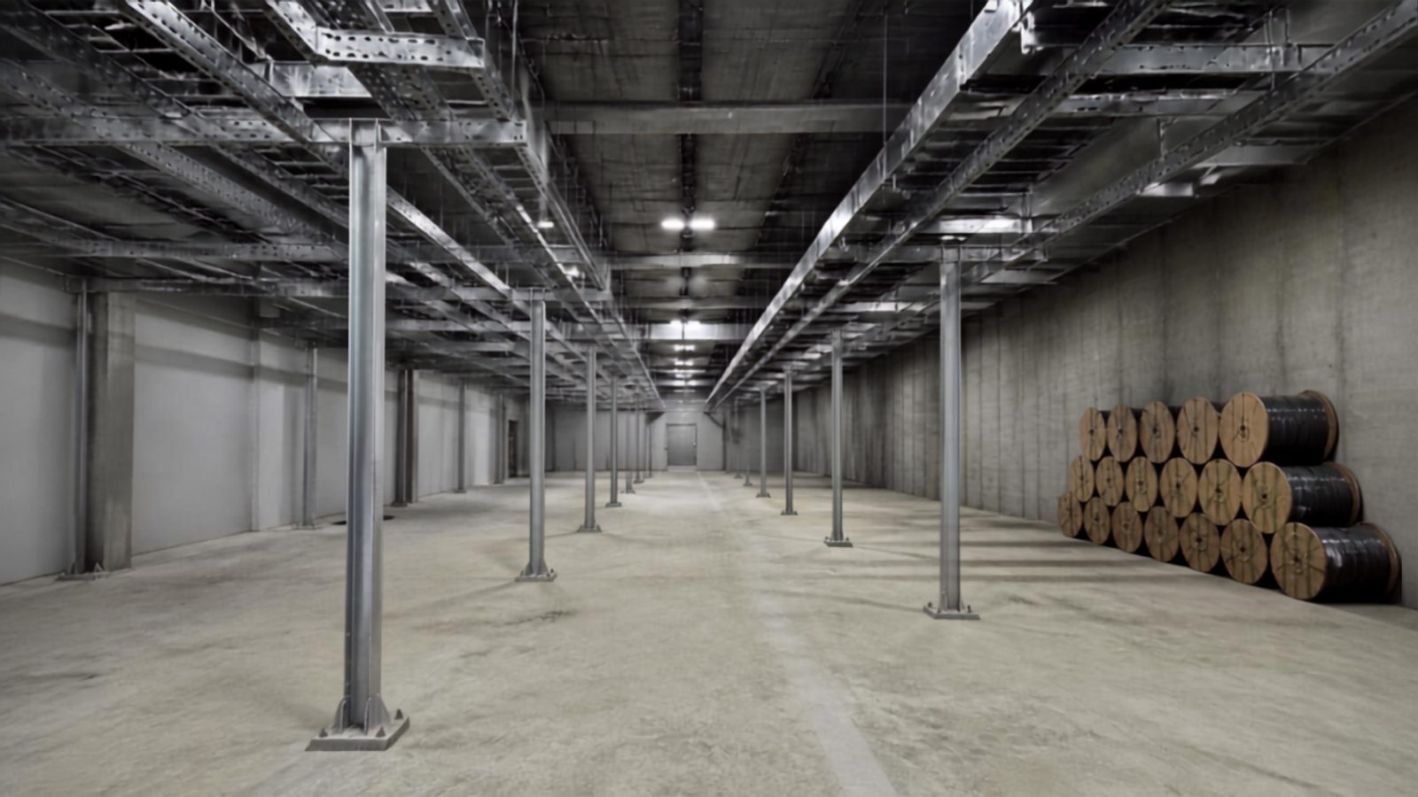 An unfinished data hall with empty overhead cable containment, bare concrete floor and cable drums stacked against the far wall.
