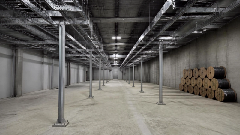 An unfinished data hall with empty overhead cable containment, bare concrete floor and cable drums stacked against the far wall.