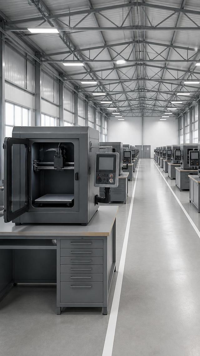 Technical training workshop fitted out with machine stations, unoccupied