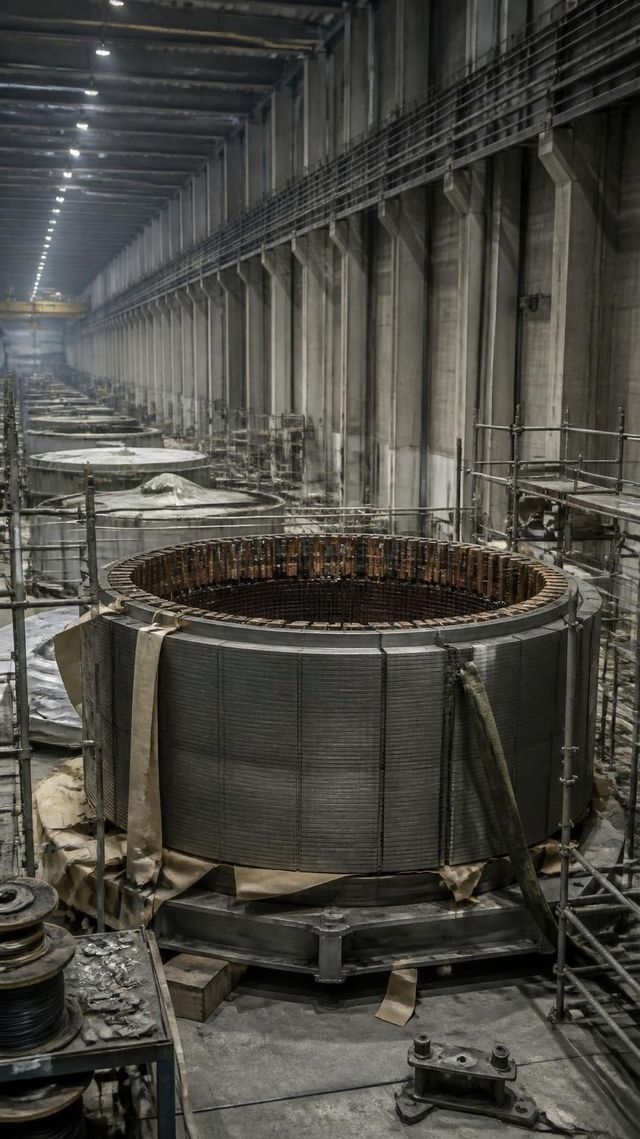 Large unfinished generator stator core in a turbine hall with overhead crane rails receding into the distance.